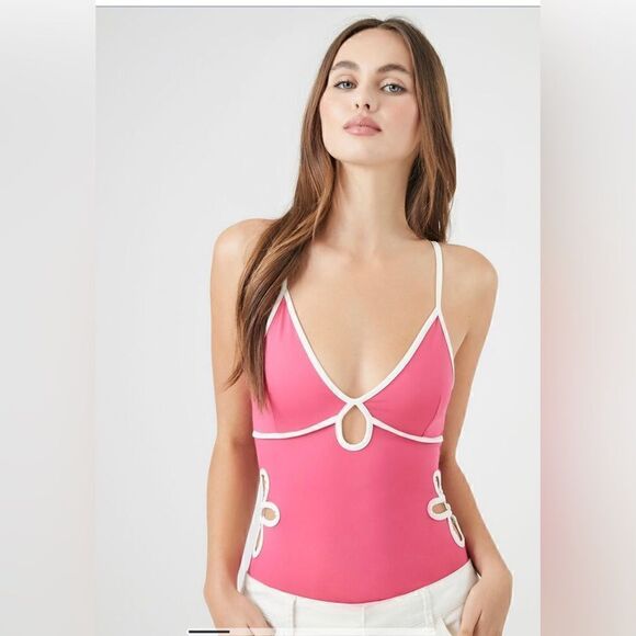 Forever 21 Flower Cutout Cami Bodysuit- white/Pink - Picture 3 of 8